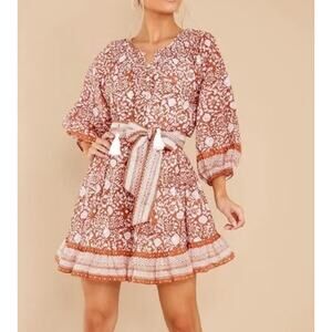 Cleobella Gwen 3/4 Sleeve Cotton Printed Belted Mini Dress Terracotta XS